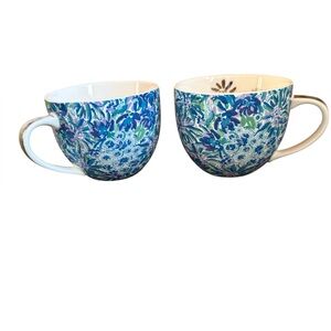 Lilly Pulitzer Set 2 Coffee Cup Mug Cat Teacups Porcelain Blue Floral Teal 12oz